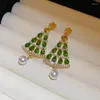 Orecchini pendenti in cristallo verde albero di Natale cuore stella perla goccia per donna estetica gioielli di moda coreani di lusso