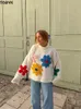 여자 스웨터 타브 스웨터 캐주얼 O- 넥 플로럴 탑 풀버 자수 꽃 니트웨어 긴 소매 아웃복 따뜻한 느슨한 코트 스트리트웨어 231108