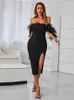 Abiti casual Sexy con spalle scoperte Piuma Midi Abito fasciatura Donna Balck Elegante senza maniche senza maniche Celebrity Party Club Dres