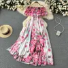 Casual Dresses Pink New Casual A Line Short Sleeve Solid Slim Full Lady Dress Chiffon High Waist Pullover Mid-Calf Women Dresses 2023