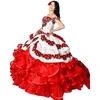 Charro Sweet 16 Girls Quinceanera Dresses Embroidered Floral Lace Appliques Tiered Ruffles Ball Gown Prom Brithday Party Gowns 2 In 1 Off Shoulder Formal Wear