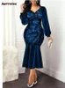 Pailletten voor dames mode vintage elegante diepe v-hals lange mouw slanke chique hoog getailleerde zeemeerminjurk