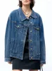 여자 재킷 빈티지 캐주얼 블루 데님 코트 여성 2023 가을 고품질 어깨 프로파일 경사 플랙 킷 오래된 느슨한 재킷