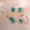 Halsband örhängen set brud rektangel grön sten geometriska ring studhängen silver färg bröllop zirkonhalsband för kvinnor