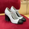 Designer mary jane heels womens pumps shoes designer fashion leather dress shoes chunky heel splicing white evening party shoes