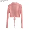 Suéteres femininos Zevity Mulheres doce manga longa aberta costura cinto curto tricô suéter femme chique turn down colarinho casual cardigan tops