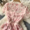 Robes décontractées Luxruy mode printemps été rose maille fleur broderie robe 2023 nouvelles femmes élégantes à manches courtes volants Tulle genou Vestidos