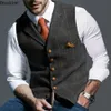 Mens Vests Formal Lapel Tweed Plaid Vneck Waistcoat Slim Vest Business Dress Suit Casual Wedding Tuxedo Male 231109