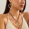 Necklace Earrings Set 2Pcs/Set Exaggerated Big Hollow Love Heart Pendant Choker Bracelet For Women Adjustable Rope Chain Y2K Jewelry Gift