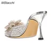 Nxy Slippers Crystal Flower Women's Sandals Diamond Studded Pointy Toe Runway Women Slippers High Heel Sexy Shiny Summer Transparent Shoes 230406