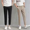 Men's Pants Men Ninth Solid Color Straight Leg Male Slim Fit Mid-Waist Casual Summer Ankle Length Business Suit