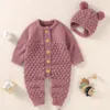 Strampler Baby Strampler geboren Mädchen niedlich Overall Langarm Herbst Outfits solide gestrickt Säugling Jungen Kleidung Set Playsuit Hut warm 2 STÜCKE 230408