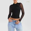 Dames T-shirt Dames Wrap Crop Mesh Tops 2023 Herfst Winter Lange mouw Sexy T-shirt Achterrits Effen Kleur Slim Fit Club Feest Vrouwelijke kleding 33PC