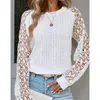 Women's Blouses Women Autumn Casual Pullover Tops Solid Hollow Out See-through O-neck Loose Lace Patchwork Long Sleeve White & Shirts
