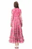 Runway-jurken voor dames O-hals met lange mouwen Bloemenprint Ruches Gelaagde elegante High Street Designer Roze Galajurken