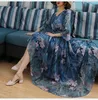 Casual Dresses Vintage Painting Flowers Print Chiffon Long Party Dress Women Elegant Belt On Waist A Line Robes Plus Size Beach Wedding