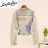 Jackets femininos Autumn Fashion Print Graffiti Pintado à mão Mulheres curtas Mulheres de manga longa de manga longa fêmea de jeans