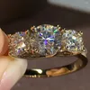 Cluster Rings 18K Yellow Gold Women Ring Moissanite Diamonds 3 Pcs 1 Round Classic Wedding Party Engagement Anniversary Trendy