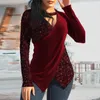 Women's Blouses Women Shining Sequins Splicing Tops V-Neck Halter Lady BlouseLong-Sleeve T-Shirt Cross Irregular Pullover Female Streetwear