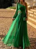 Casual Dresses Zoctuo Green Loose Formal Dress Women Diagonal Shoulder Split Long Sleeve Pleated Robe Sexy Waist CutOut Elegant Evening