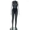 Dames Tweedelige broek Golf Streep Sheer Mesh Set Dames Sexy Doorzichtige mouwloze bodysuits Tops Hoge taille Legging op voet Clubpak