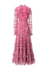 Damskie sukienki na pasie startowe o szyję długie rękawy kwiatowe marszczyki Warstwowe eleganckie High Street Designer Pink Prom Festidos