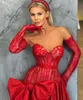 Sexy Red Plus Size A Line Prom Dresses Sweetheart Lace Applique Draped Sweep Train High Side Split Formal Occasions Wear Birthday Celebrity Pageant Evening Gowns