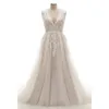 V-Neck A-Line Wedding Dresses Sleeveless Lace Appliques Sexy Open Back Bridal Gowns Formal Cusotm Plus Size Robe De Mariage Spring Garden