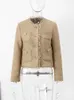 Women's Jackets Elegant Women Camel Tweed Jacket 2023 Autumn Long Sleeve Button Frayed Cropped Female Fashion Oneck Pocket Short Coats 231109