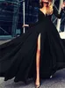 女性のためのハイウエストマキシ新しいファッション長袖vネックビンテージドレスエレガントなスプリットイブニングドレス
