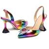 Sukienka buty Rainbow Kolor Sandały Eleganckie spiczaste palce w stylu słonecznym Rhinestone High Heels Buty chwastowe Pumki pięty Sandały Sandały Upuszczenie statku 231108