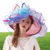 FS Pink Organza Kentucky Derby Hat for Women Wide Brim Beach Big Sun Hats Flowers Eleganckie damskie przyjęcie ślubne Party Fedoras 21037613498