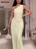 Un hombro para mujer moda vintage asimétrico midi elegante sin mangas pliegues vestido de verano sólido