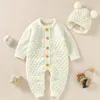 Strampler Baby Strampler geboren Mädchen niedlich Overall Langarm Herbst Outfits solide gestrickt Säugling Jungen Kleidung Set Playsuit Hut warm 2 STÜCKE 230408