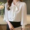 Women's Blouses Blusas Femme Chiffon Blouse And Tops Mujer Clothing White Long Sleeve Shirts Women Satin Bow Elegant Button Up Shirt 2639