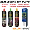 Original RM RandM Legend 10K Puffs Einweg-Vape-Gerät Pod Pen 20 ml vorgefüllt 0 % 2 % 3 % 5 % 850 mAh wiederaufladbare Batterie Luftstromkontrolle 20 Geschmacksrichtungen Schneller Versand