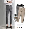 Men's Pants Men Ninth Solid Color Straight Leg Male Slim Fit Mid-Waist Casual Summer Ankle Length Business Suit