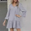 Urban Sexy Dresses Women Solid Color Dress Lady Loose Sundress Sundress Casual V Neck Long Sleeve A-Line Cotton Linen Dresses9aro