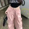 Calças femininas Qweek rosa y2k carga mulheres cintura alta calças largas vintage streetwear perna larga 90s roupas soltas techwear coreano