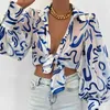 Women's Blouses & Shirts Autumn Women Retro Pattern Print Blouse Spring Turn-down Collar Button Office Tops Harajuku 2023 Lantern Long Sleev