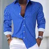 T-shirts pour hommes Printemps et automne Cardigan à revers rayé Chemise à manches longues Art 3D Impression numérique surdimensionné décontracté