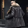 Men's Jackets Leather Coat Autumn And Winter Long Thicken Cowhide Trench Detachable Down Liner Raccoon Fur Collar Belted 231108