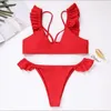 Women's Swimwear Foreign Trade Explosion Swimsuits Europe And America Sexy Red Lace Bikini Split Ruffle Swimsuit