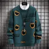 남자 스웨이터 남성 패션 스플 라이스 컬러 니트 스웨터 캐주얼 한 느슨한 따뜻한 풀오스 겨울 줄무늬 그리드 o 넥 남성