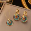 Stud Fashion Fourleaf Clover Rostfritt stålörhängen Halsband Set för kvinnor Lucky Turkish Blue Eyes Drop Pendant Daywear Jewelry 231109