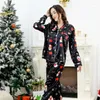 Vrouwen Nachtkleding QSROCIO Kerst Herfst Zwarte Zijde Zoals Kraagvorm Sneeuwpop Print Lange Mouw Pyjama Set Homewear