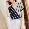 Kobiety swetry Tops Summer w paski w paski z szwy z dzianiny z krótkim rękawem koreański styl pullover Temperament Topswomen's