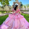 Abiti da ballo rosa Abiti Quinceanera Scollo a V Manica con maniche Sweetheart Sweet 15 Ragazze Applicazioni in pizzo Tiere Princess Prom Dress Abiti da sposa