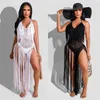 Robes décontractées Sexy Crochet Tricoté Plage Robe d'été Femmes Halter Col V-Col V-Col Dos Sans Dos Maxi Vacances Sheer Long Maillot De Bain 2023