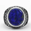 Cluster Rings 925 Sterling Silver Men's Natural Lapis Lazuli Prismatic Connection Pattern Punk Style Turkish Jewelry